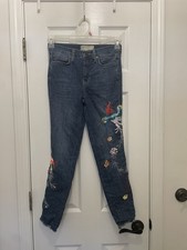 Free People Embroidered Exotic Birds  Floral Raw Hem Jeans Size 26