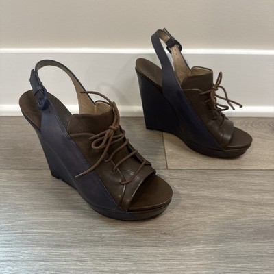 Womens 10 Crosby Derek Lam Size 8.5 Blue Brown Leather Slingback Wedge Sandals
