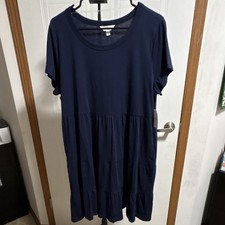 Time And Tru Dark Navy Tiered Knit Knee Length Short Sleeve Dress L 12-14
