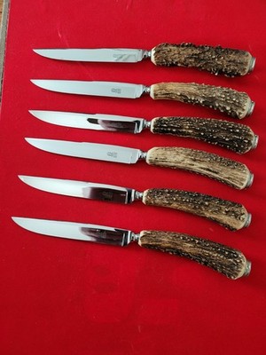 Vtg OTHELLO SOLINGEN ROSTFREI 6 Antler Stag Handl 9''×4.5''Blade Steak Knives.OBO 