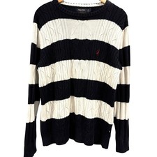 Nautica Vintage 90s Striped Cable Knit Crewneck Sweater Navy White Men's Large