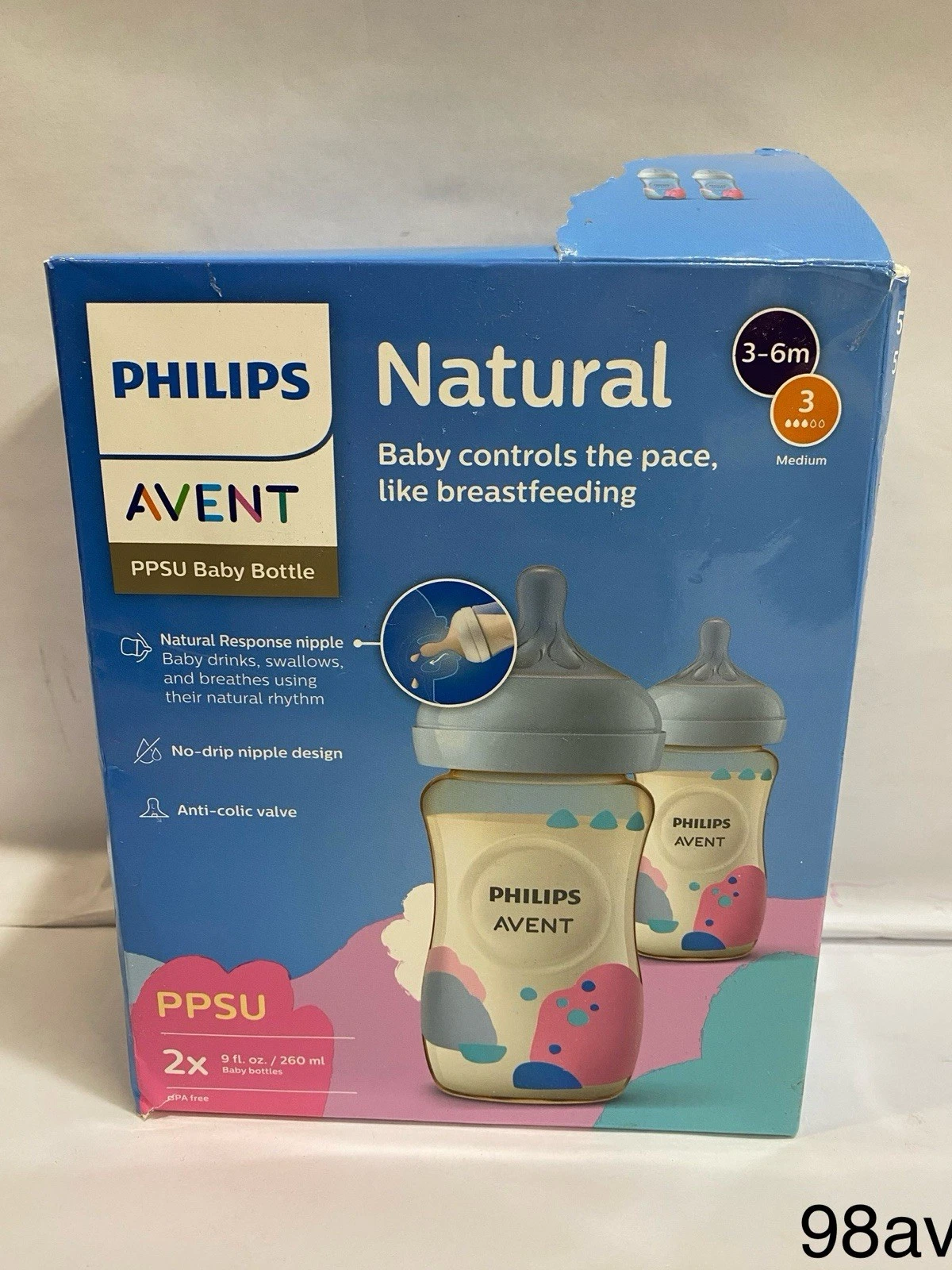Philips Avent Natural Baby Bottles Medium Flow 9oz 2 Pack 3-6 MO.
