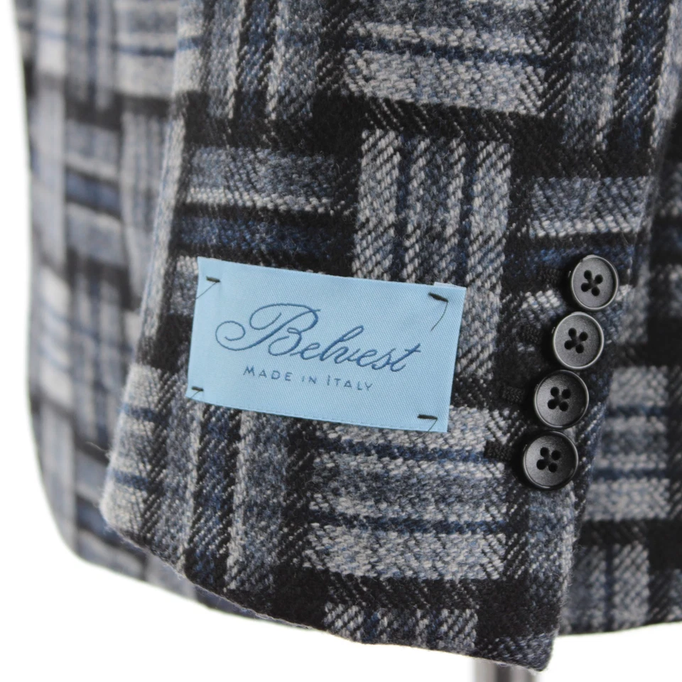 Abrigo deportivo de lana Belvest nuevo con etiquetas talla 52R (42R EE. UU.) a cuadros azul, negro y blanco Foto 3 de 4