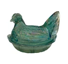 New ListingBeautiful Fenton Uranium Hen On Nest Iridescent Green Blue Candy Dish