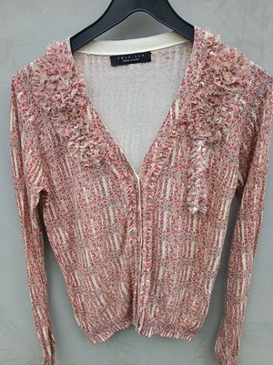 Twin Set Simona Barbieri Women's Ruffled Cardigan Sweater Size M Pink Textured