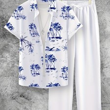 Men's Summer Casual 2-piece Set: Tropical Print Short Sleeve Shirt  Drawstring