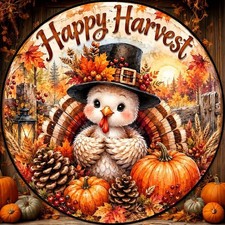 Happy Fall Harvest Door Sign, Turkey, Thanksgiving, Autumn Pumpkin, Scarecrow