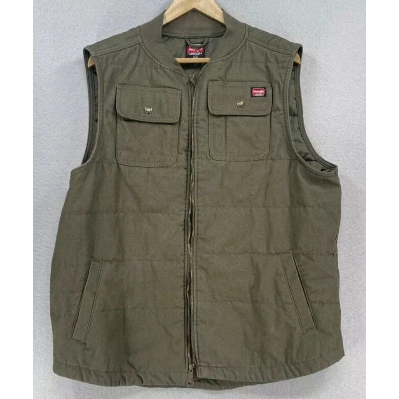 Wrangler Workwear Vest Full Zip Canvas Outdoor Men's 2XL Olive Green