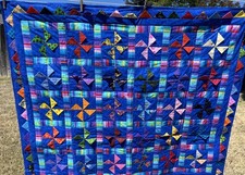 Handmade Reversible Quilt 46x54 Blue Pinwheel Blanket Paw Print Back Free Ship