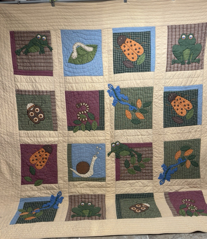 The Company Store Hand Quilted Applique Bugs & Frogs Patchwork Quilt 87x92  #185