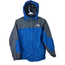 The North Face Jacket Boys Large Blue Grey Zip Hooded Outdoor Rain Coat ALS9