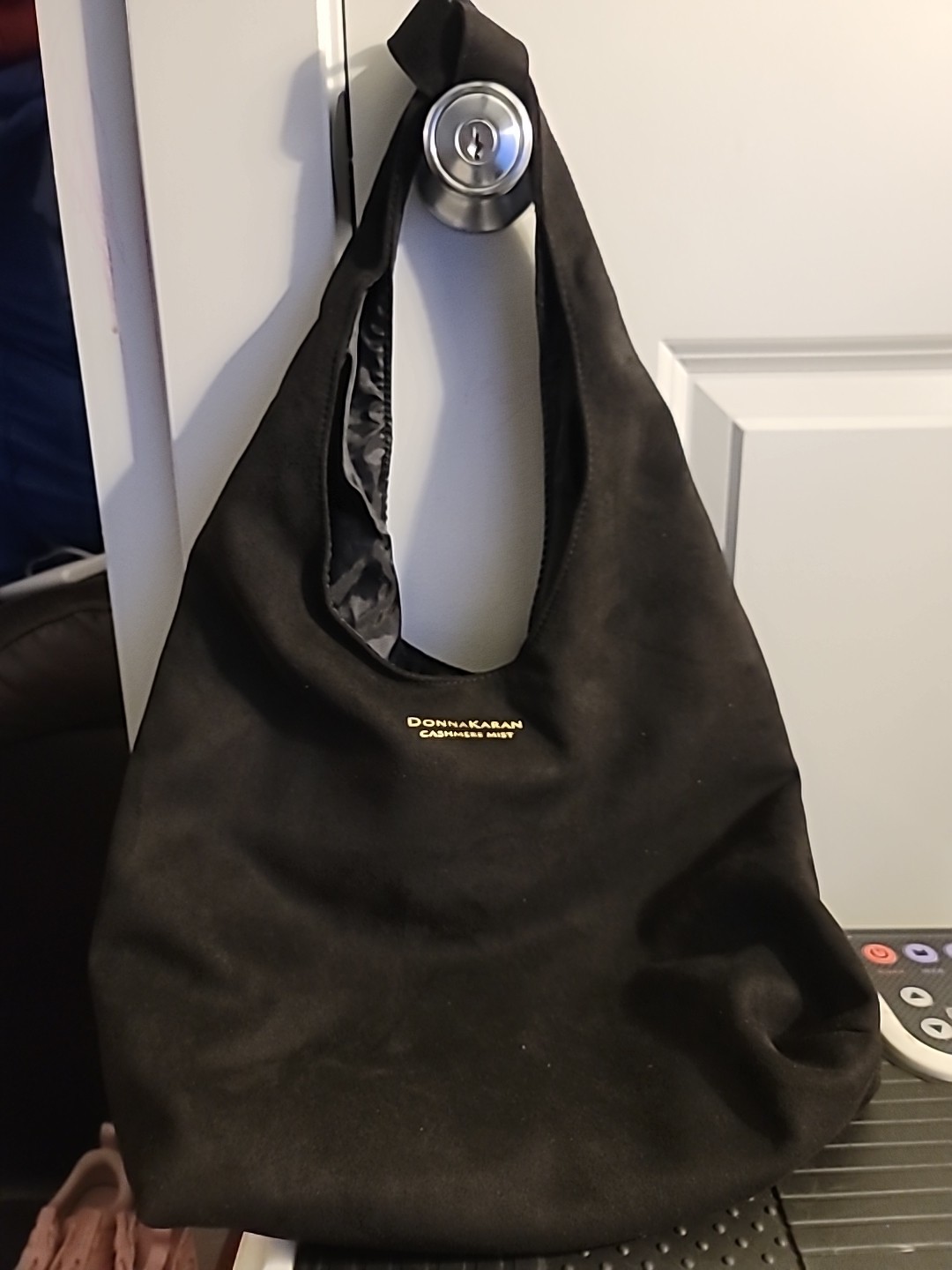 Donna Karan Cashmere Mist Tote Bag Beige Faux Leather Suede Purse Shoulder Bag