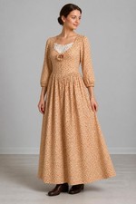 Slow Fashion Tan White Long Sleeve Pleated Prairie Cottagecore A-Line Dress Sz L