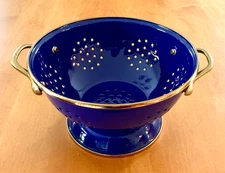 Vintage Blue Enamel Colander Strainer 9" with Brass Handles & Rims