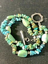 Sterling Silver 925 Blue and Green Turquoise Beaded 7in Bracelet Southwestern