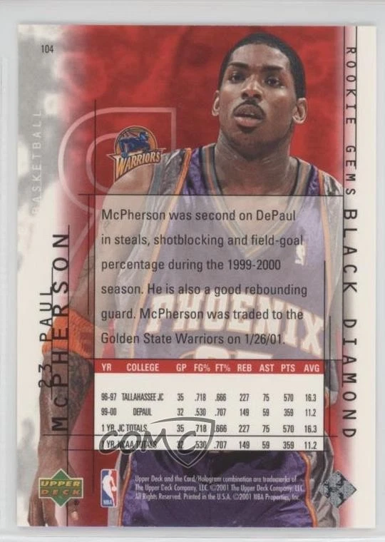 2000-01 Upper Deck Black Diamond Gems /1000 Paul McPherson #104 Rookie RC - Image 2 of 2