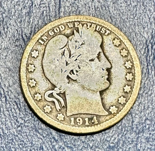 1914 Barber Quarter. 90% Silver. Good Condition. Charity Auction.