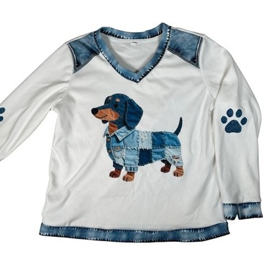 Dachshund Wiener Dog Patchwork Denim Look V-Neck Top White Small