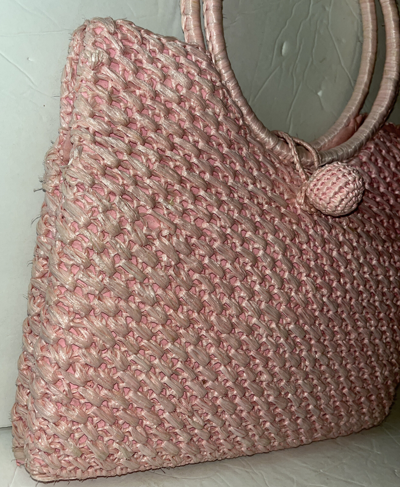 VTG 50s 60s PINK Woven Purse Straw Handbag Bag Ra… - image 5