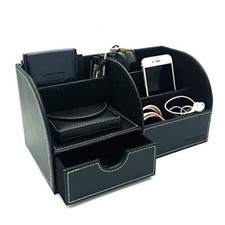 Office Desk Organizer - Multifunctional PU Leather Desktop Storage Box - Black