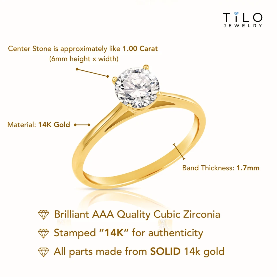 Anillo de boda de compromiso brillante redondo solitario de 1 quilate real de oro amarillo macizo de 14 quilates Foto 4 de 4