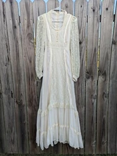 Vtg Women's 70s Ivory Gunne Sax Prairie Maxi Dress 1970s Lace Wedding Dress Sz 7