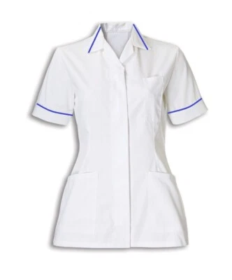 INSTEX WOMENS NURSES HEALTHCARE TUNIC DENTAL SALON NHS WHITE WITH COLOURED TRIM INS32WH