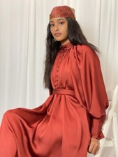 Brick Red Satin Long Dress - Balloon Sleeves, Detachable Belt. All Sizes