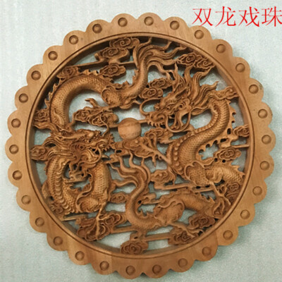 28cm Camphor Wood Double Dragons Carved Statue Hanging Plate Wall Sculpture