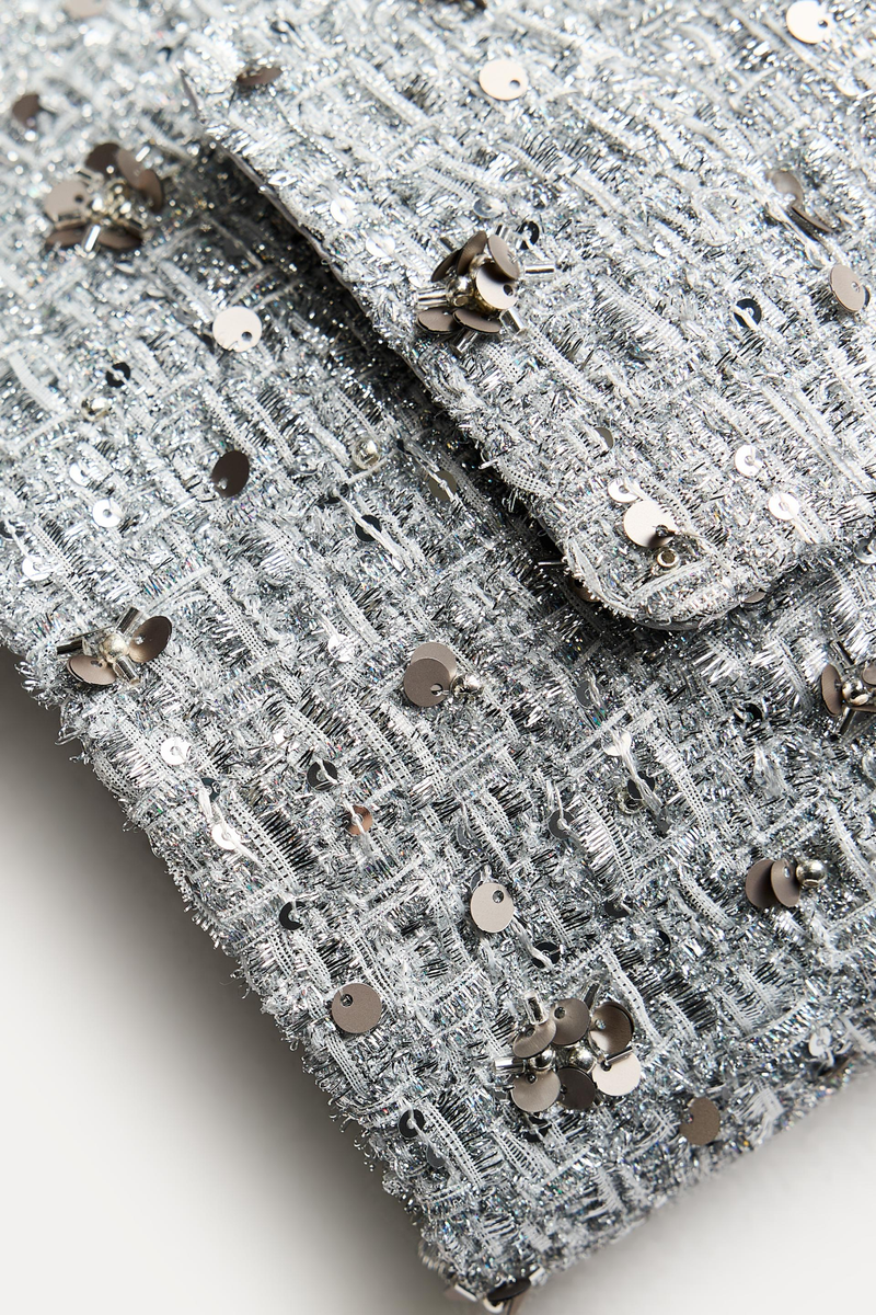 Zara ZW Collection Sequin Tweed Jacket Silver Metallic XS