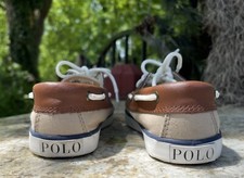 Polo Ralph Lauren boys tan canvas  brown leather deck boat shoes US 1 UK 13.5