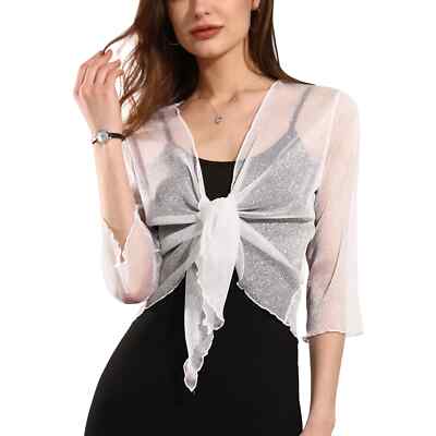New Women Flared Sleeve Tie Front Sheer Cropped Cardigan Bolero Shrug Top Jacket