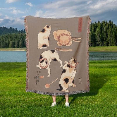 Four Cats Woven Throw Blanket | Japanese Proverb Art Ukiyo-E Wall Tapestry