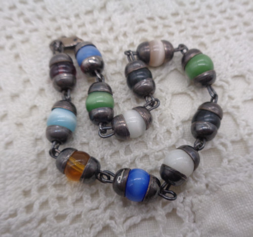 Vintage Sterling Silver 925 Cat's Eye Glass Beads Bracelet