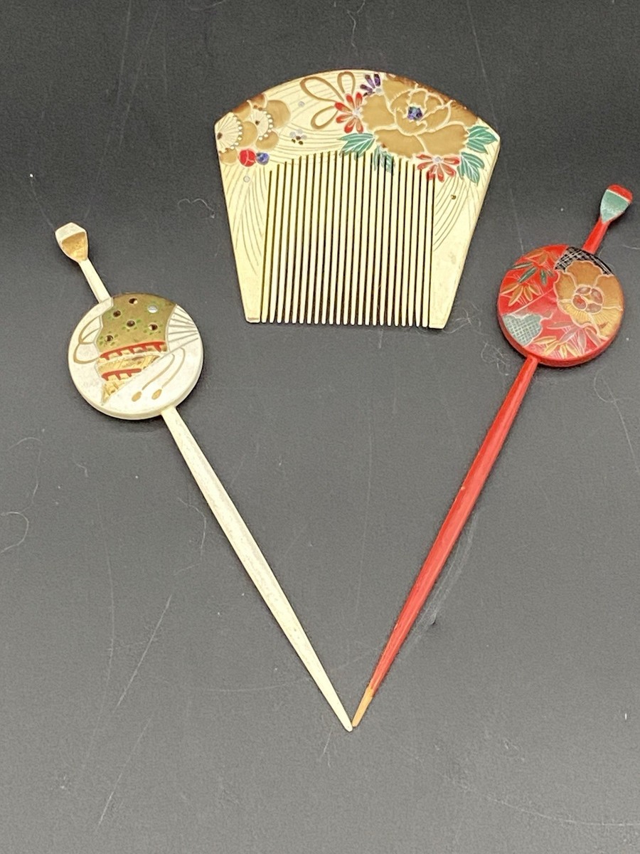 Vtg Japanese comb & hair pin set kanzashi Geisha Bira Bira Floral