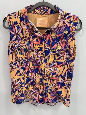 Silver Bait Tropical Print Sleeveless Button Front Fishing Top Blue Womens M