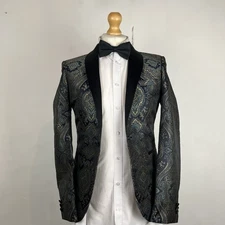 NEXT Blazer Jacket Men's 36R Blue & Gold Floral Paisley Tuxedo Skinny Fit