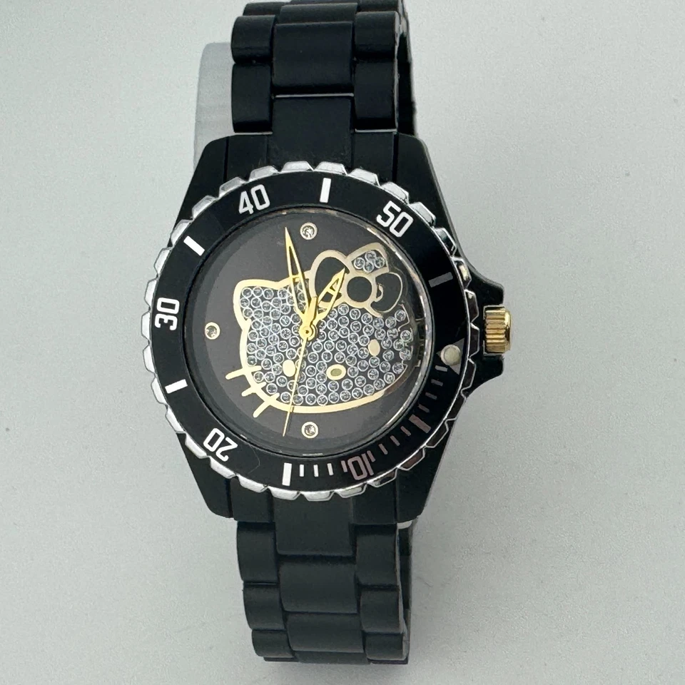 Sanrio Hello Kitty Reloj de Cuarzo Unisex Negro Plástico Bisel Giratorio Nuevo Batte 8" Foto 2 de 4