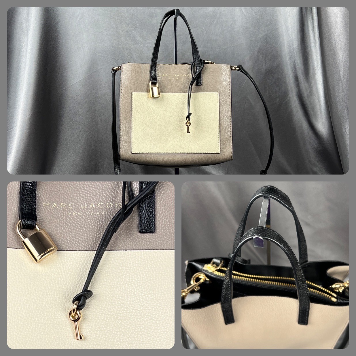 Marc Jacobs Mini Grind Lock Key Tote Bag Beige Leather Top Handle Crossbody Fall