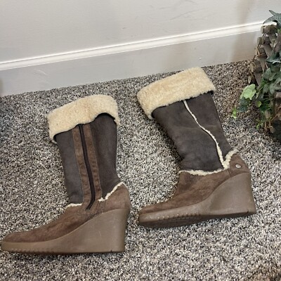 UGG SANDRA BROWN LEATHER SHEARLING KNEE HIGH Wedge BOOTS WOMENS Size 6