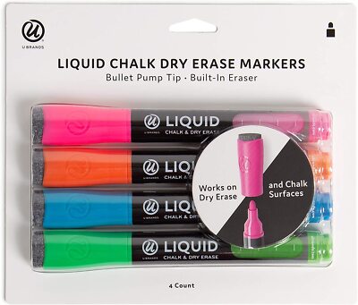 U Brands Colored Liquid Chalk Dry-Erase Markers, Assorted Colors, 4 Count