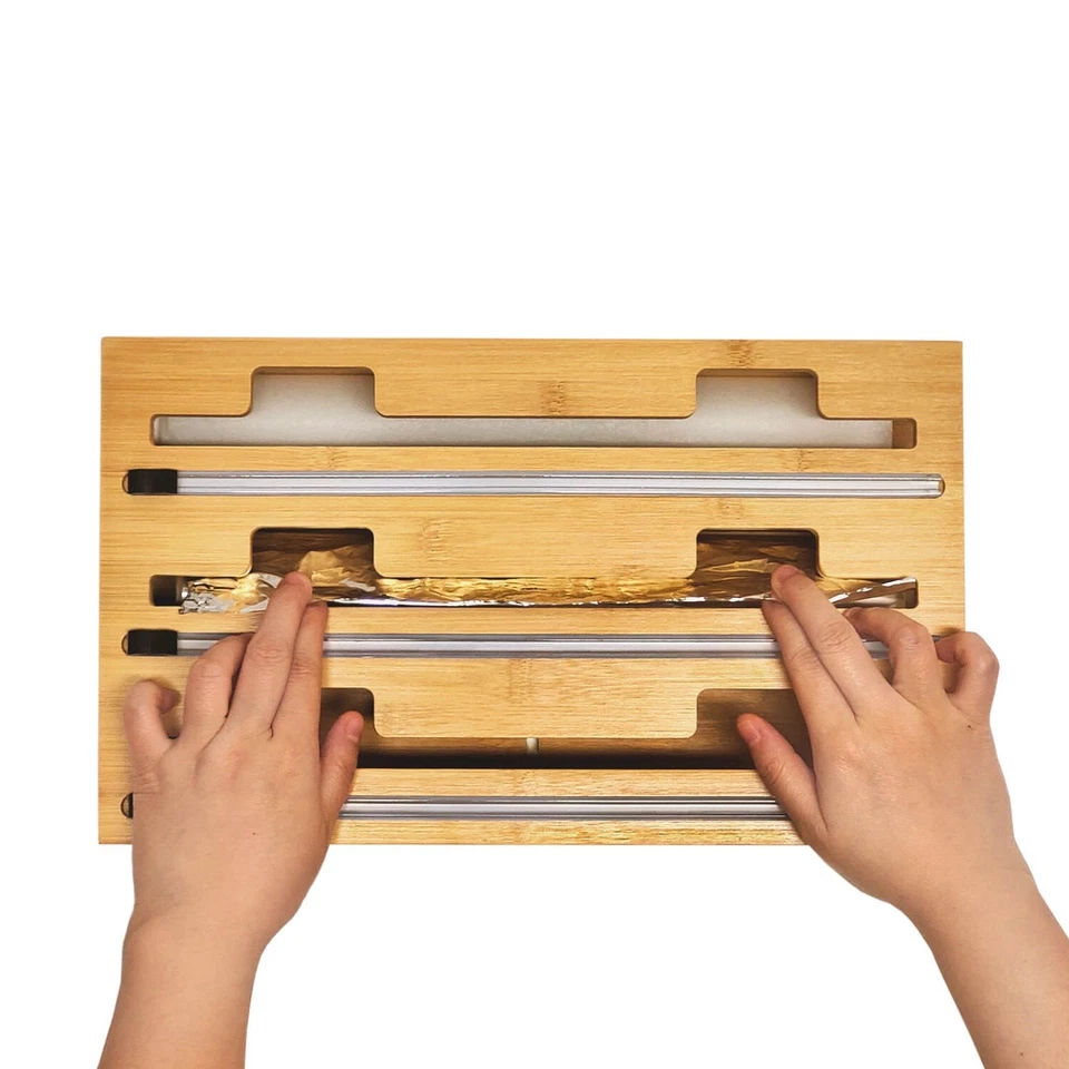 Organizador de envolturas de papel de aluminio y plástico, dispensador de envolturas de bambú 3 en 1 con cortador Foto 2 de 4