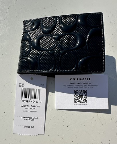 NEW COACH CV423 Signature black patent leather compact billfold $150 classic wow - Picture 7 of 9