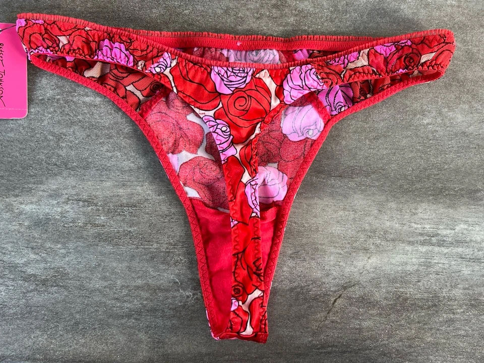 Tanga de satén sedoso vintage Betsey Johnson rosa M nuevo Foto 4 de 4