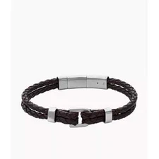 Fossil - Men's Heritage D-Link Brown Leather Bracelet, Silver