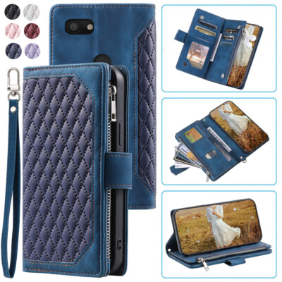 Google Pixel 3A/3A XL Rhombic Wallet Case,Luxury Leather Zipper Flip Card Case