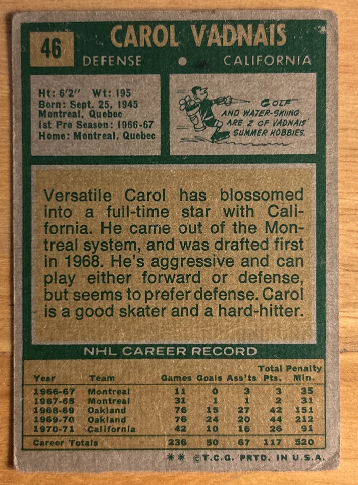 1971-72  Carol Vadnais Card #46 Golden Seals O/C, Creased, Bad Corners & Edges - Image 2 of 2