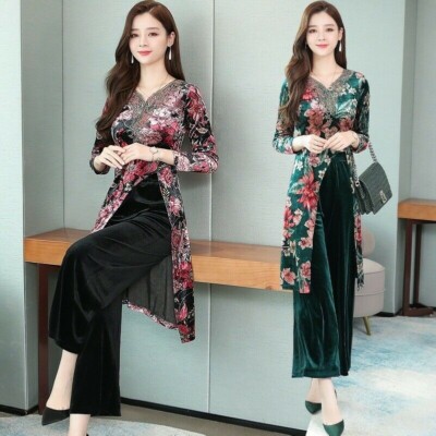 Damen Ethno Samt Kleid Zweiteiliges Set Hose Hosenanzug Retro Blumen Schlitz