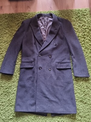 Vintage Burton grauer zweireihiger Mantel 40R Wolle Kaschmir Mischung volle Länge