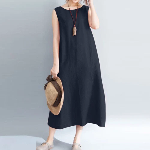Langes ärmelloses Baumwoll-Leinen-Damenkleid Sommer Strand Freizeit Kaftan Kleid - Bild 7 von 17